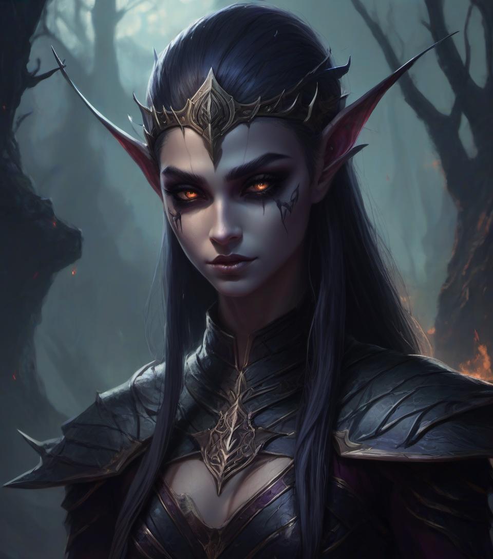  concept art dark elf girl with (small neat elf ears: 1.3) . digital artwork, illustrative, painterly, matte painting, highly detailed