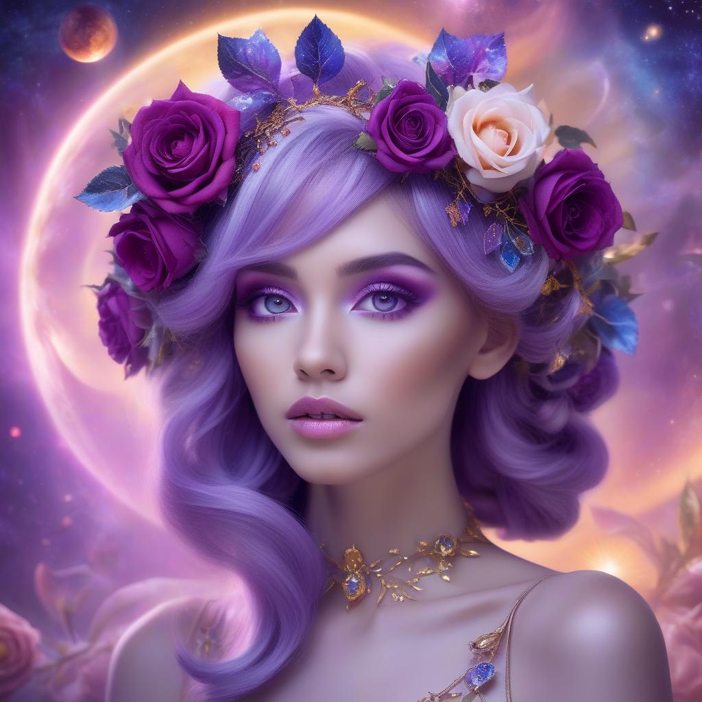  <mymodel>cosmic epic beauty with gorgeous, purple roses in hair, high res, surreal, cosmic, vibrant colors, detailed floral hairpiece, ethereal aura, celestial backdrop, majestic beauty, galaxy inspired, breathtaking lighting, dreamlike atmosphere, incredible attention to detail, cosmic fantasy, stunningly beautiful, best quality, surrealism, vibrant tones, celestial lighting