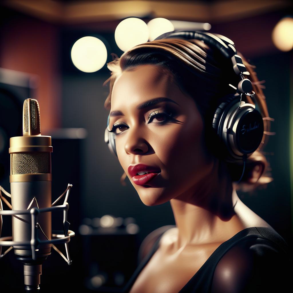  cinematic film still photo of a beautiful female singer in a recording studio . shallow depth of field, vignette, highly detailed, high budget, bokeh, cinemascope, moody, epic, gorgeous, film grain, grainy