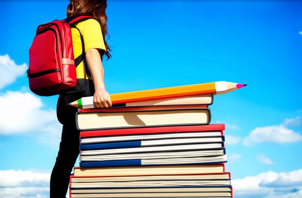  a with a backpack on her shoulders and in a stands on a huge stack of large textbooks and holds a huge writing pencil in her hands, resting on one end against the background of a bright sky, turned away from the camera, looking into the distance, her arm at the elbow and showing her strength ar 3:2 {prompt}, maximum details