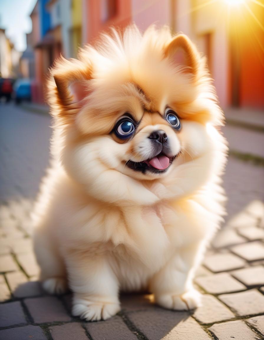  funny cute little fluffy chubby puppy with big eyes, bright colors, sunny day, pure colors