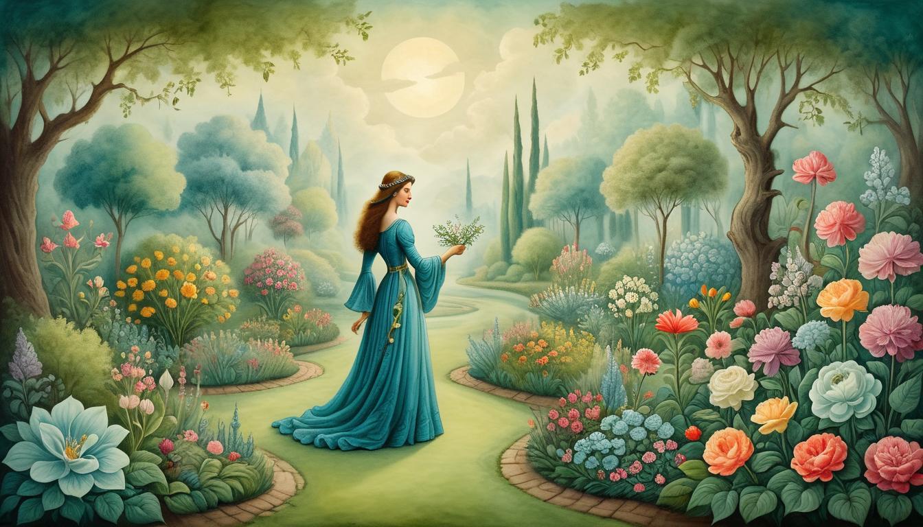  on parchment, surrealism+++, a radiant figure in a blooming garden, solitary yet content, lush greenery, peace and self validation(mysterious, provocative, symbolic,muted color)+++