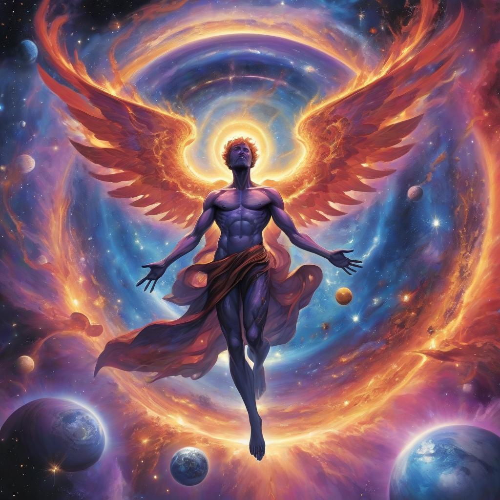  a celestial figure rising above a planet, engulfed in flames of light with outstretched wings, surrounded by swirling galaxies, distant planets, and vibrant nebulas. the space environment glows in shades of blue, purple, and deep black, contrasted by warm yellows and reds radiating from the central figure.