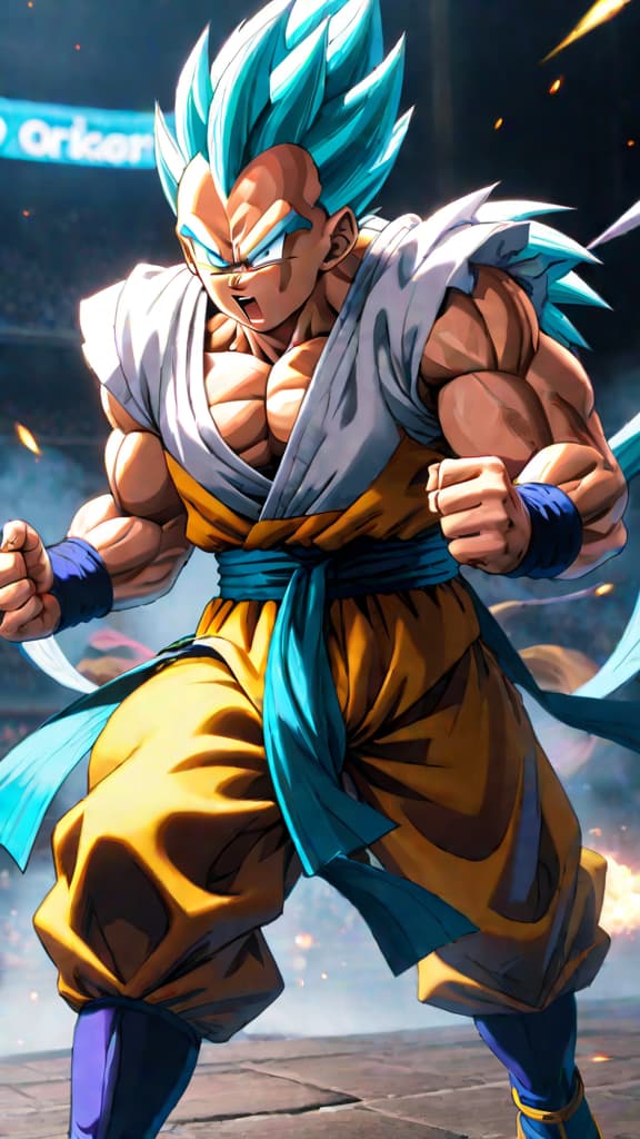  anime art: gotenks struggles against buu's relentless attacks as a super saiyan. hyperrealistic, full body, detailed clothing, highly detailed, cinematic lighting, stunningly beautiful, intricate, sharp focus, f/1. 8, 85mm, (centered image composition), (professionally color graded), ((bright soft diffused light)), volumetric fog, trending on instagram, trending on tumblr, HDR 4K, 8K