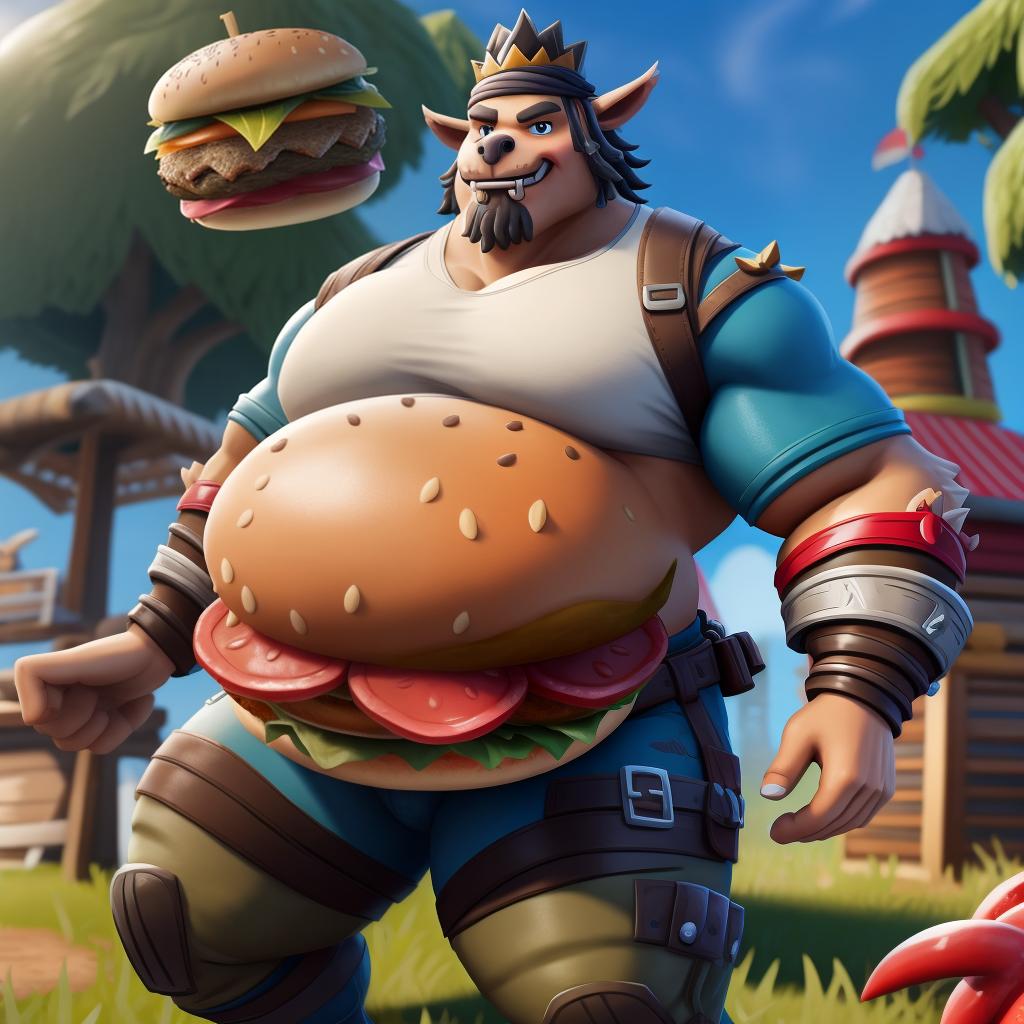  Male Gut Bomb (fortnite the durrr burger), full body, open eyes, digital art, masterpiece, 4k, fine details,