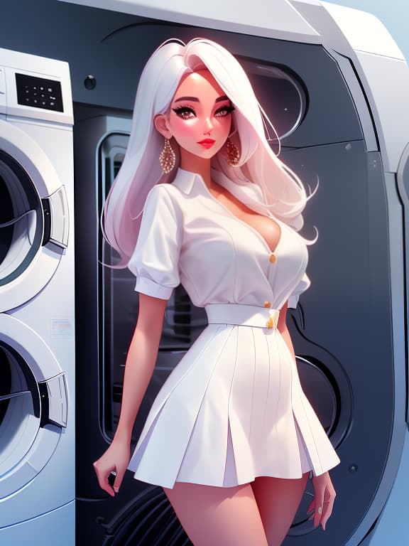  a full length young beautiful woman in a very short skirt is standing next to a washing machine, the background is white hyperrealistic, full body, detailed clothing, highly detailed, cinematic lighting, stunningly beautiful, intricate, sharp focus, f/1. 8, 85mm, (centered image composition), (professionally color graded), ((bright soft diffused light)), volumetric fog, trending on instagram, trending on tumblr, HDR 4K, 8K