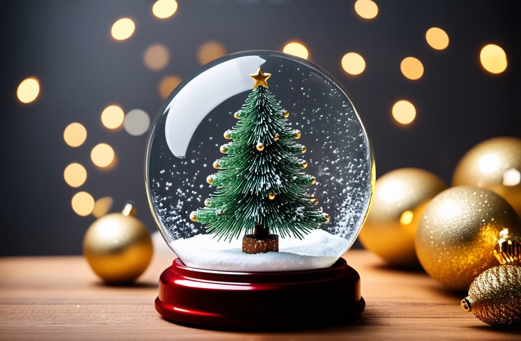  professional detailed photography, christmas snow globe with fir tree and golden decorations on wooden table. holiday background with bokeh lights. holiday decor. flat lay composition with copy space for design and print. ar 3:2, (muted colors, dim colors, soothing tones), (vsco:0.3)