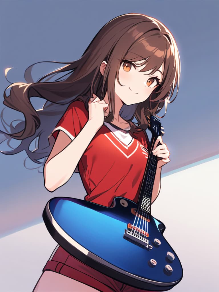  (beautiful girl:1.5){rock band girl:1.5}(brown hair:1.5)(long hair:1.7)(wavy hair:1.5)(with a electric guitar:1.7){red leather jacket:1.5}{smile}{play guitar happily:1.7} {upper body} master piece,high quality,16k,super analysis,correct fingerposition,correct index