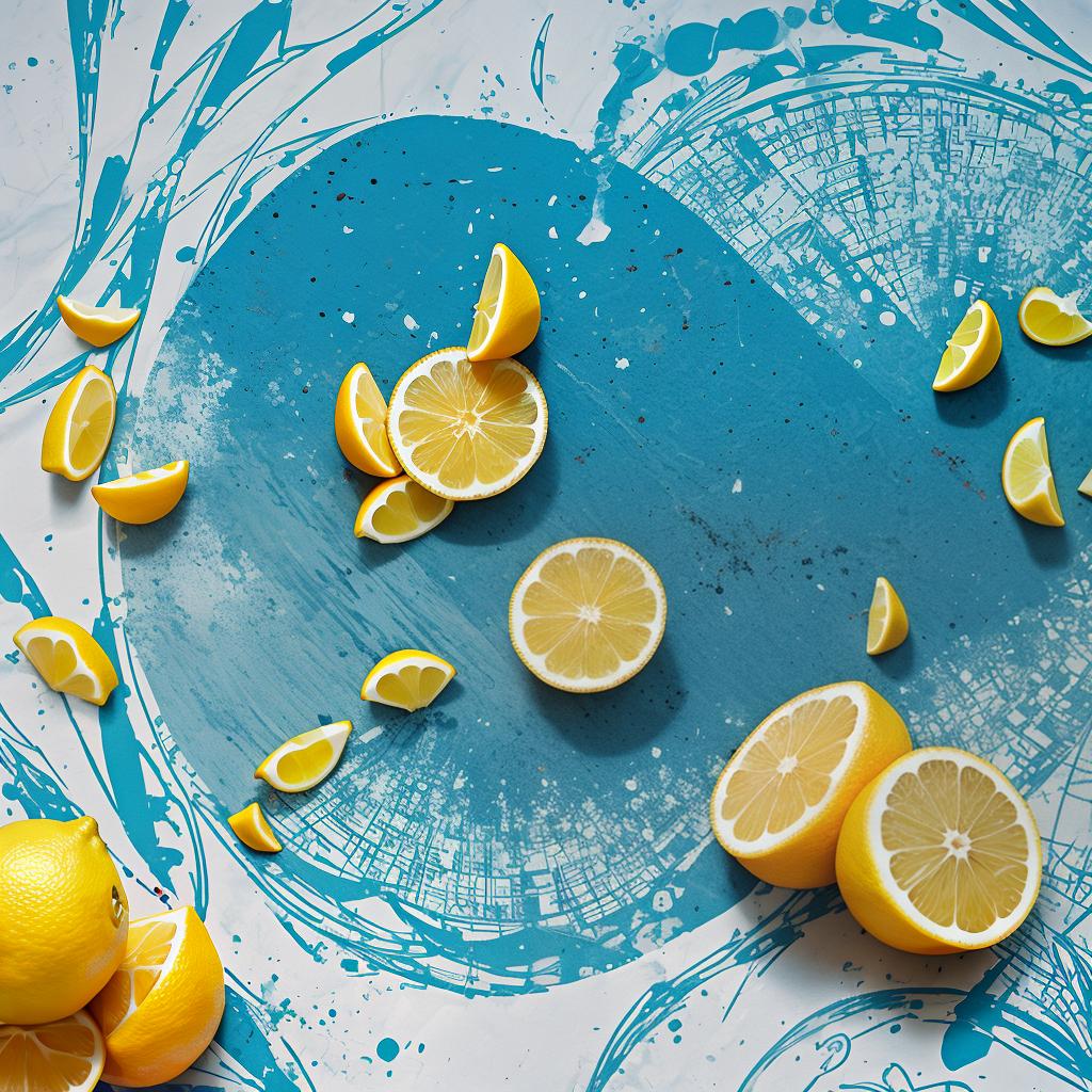  with vibrant abstract elements, blockprints of lemons