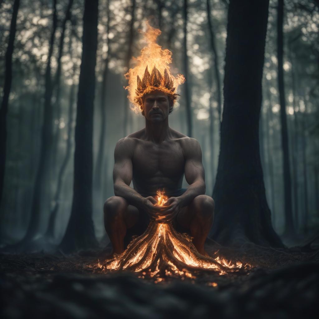  cinematic film still man tree, on the head matches are burning, flames, sitting in the lotus position, close up, against the background of a dark forest . shallow depth of field, vignette, highly detailed, high budget, bokeh, cinemascope, moody, epic, gorgeous, film grain, grainy