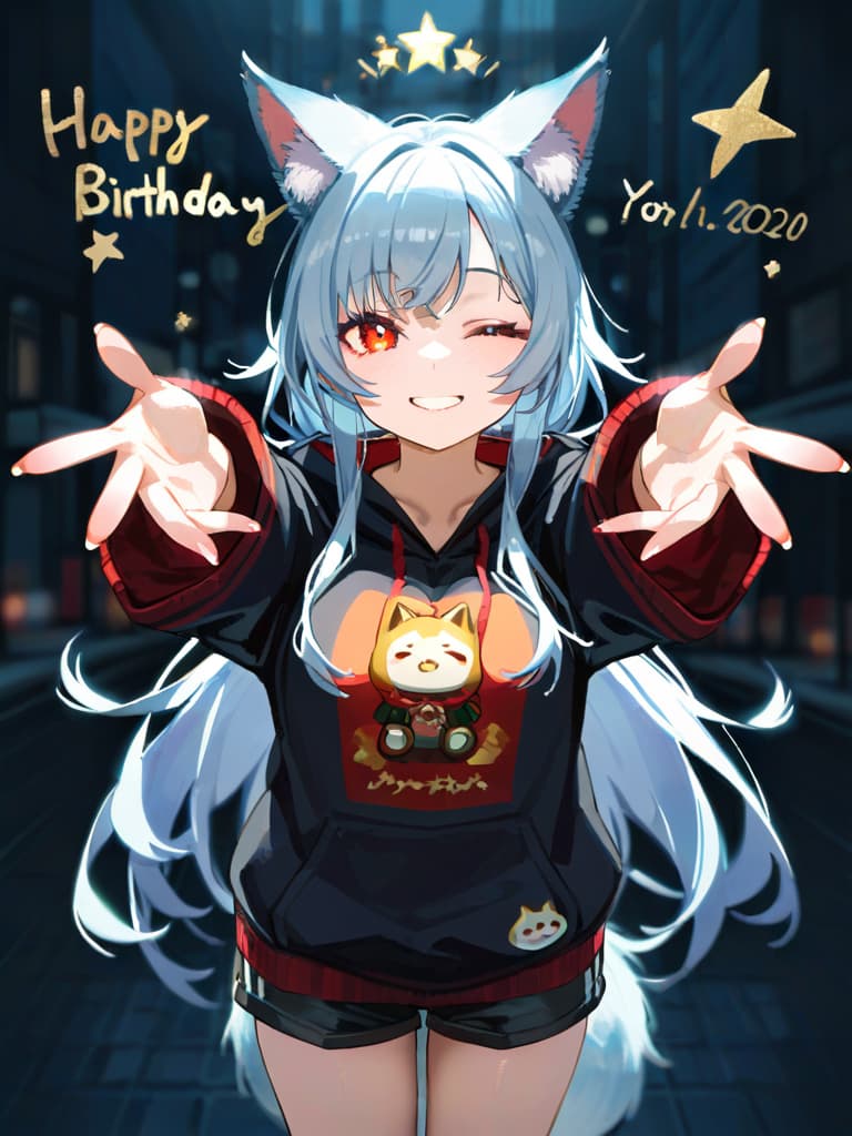  top quality,plaid background,simple background,solo,fox ,fox ears,fox tail,gray hair,long hair,curly hair,volumey hair, eyelash,one eye closed,smile,oversized hoodies,wide sleeves,long sleeves,sleeves past fingers,shorts,black tights,tights under shorts,(outstretched hands,incoming hug),((happy birthday,congratulations)).