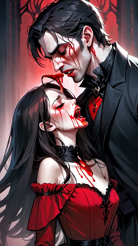  draw a handsome pale vampire, biting the neck of a beautiful woman in a red and black dress, with blood dripping down her neck, and her eyes closed