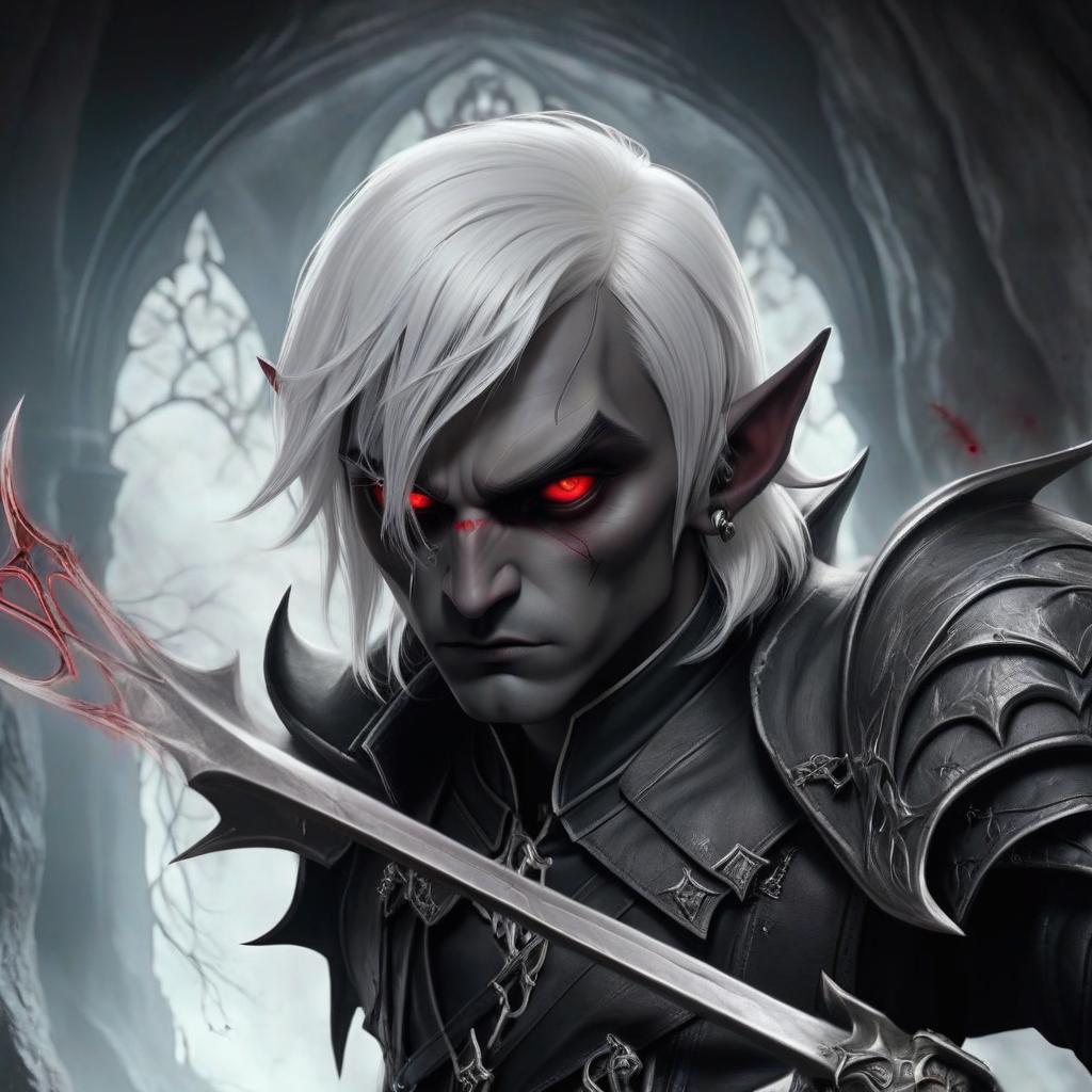  macabre style drow male elf cleric, graphite color skin, red eyes, silver medium haircut, black leather jacket, dark cave temple . dark, gothic, grim, haunting, highly detailed