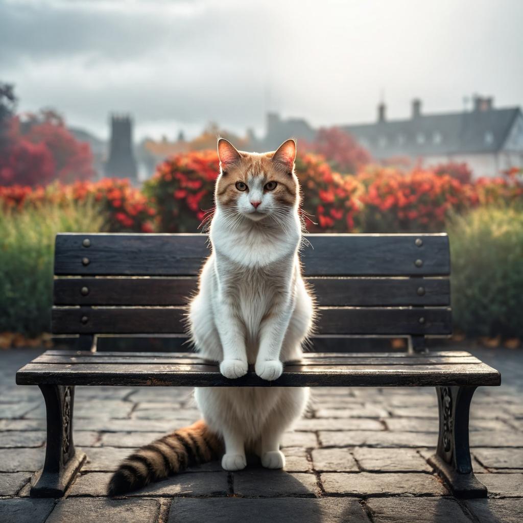  a cat sitting on a bench hyperrealistic, full body, detailed clothing, highly detailed, cinematic lighting, stunningly beautiful, intricate, sharp focus, f/1. 8, 85mm, (centered image composition), (professionally color graded), ((bright soft diffused light)), volumetric fog, trending on instagram, trending on tumblr, HDR 4K, 8K