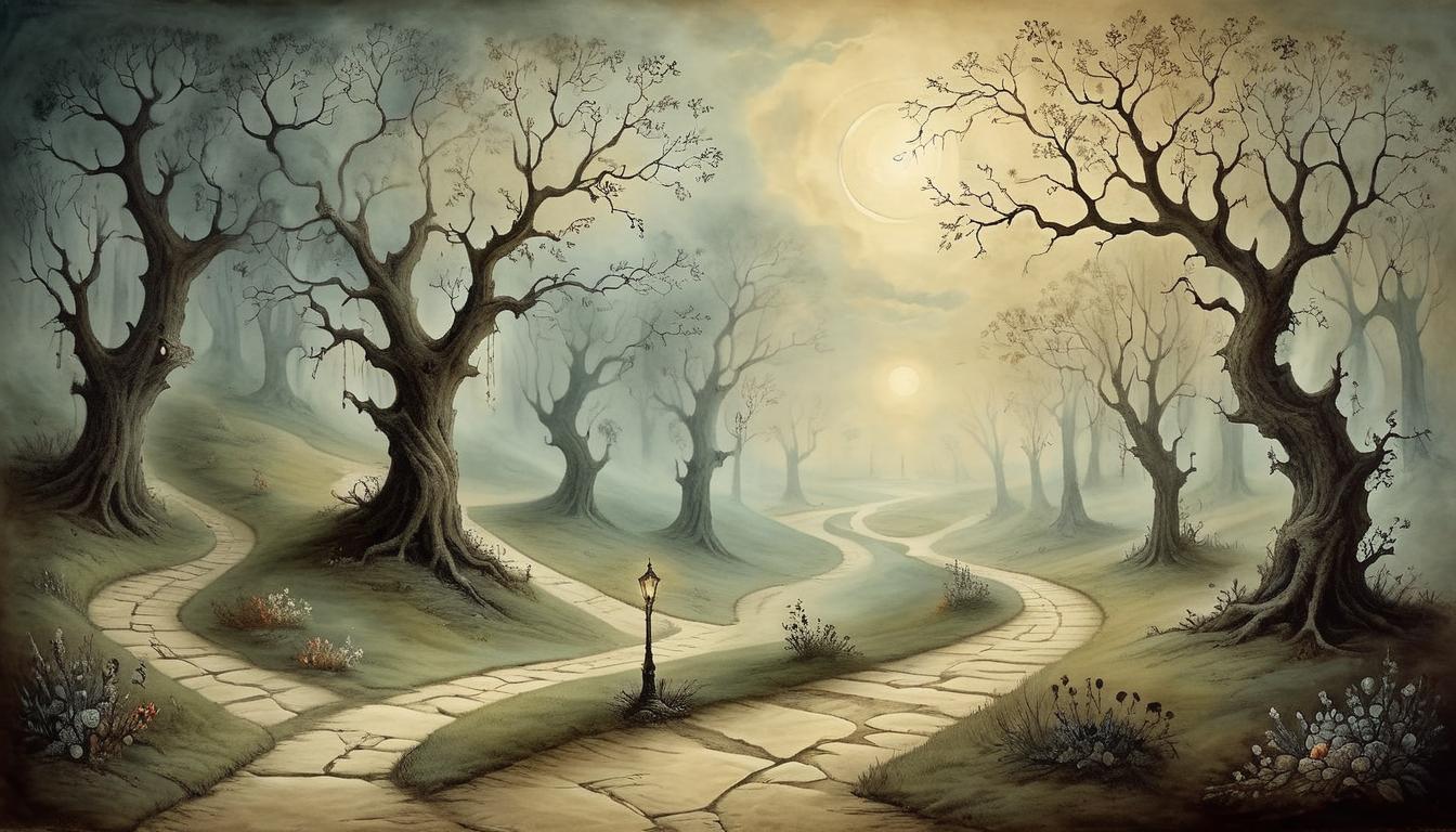  on parchment, surrealism+++, a path illuminated by ethereal light, shadows slowly dissolving away, sense of progression, journey, advancement(mysterious, provocative, symbolic,muted color)+++