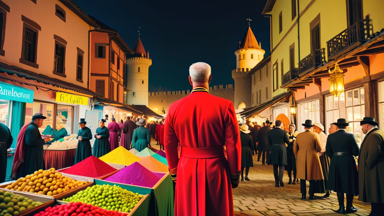  a vibrant marketplace showcasing traditional crafts, a historic castle with tourists exploring its ancient walls, and a serene cultural festival with locals in traditional attire, rich colors, and heritage cuisine on display. hyperrealistic, full body, detailed clothing, highly detailed, cinematic lighting, stunningly beautiful, intricate, sharp focus, f/1. 8, 85mm, (centered image composition), (professionally color graded), ((bright soft diffused light)), volumetric fog, trending on instagram, trending on tumblr, HDR 4K, 8K