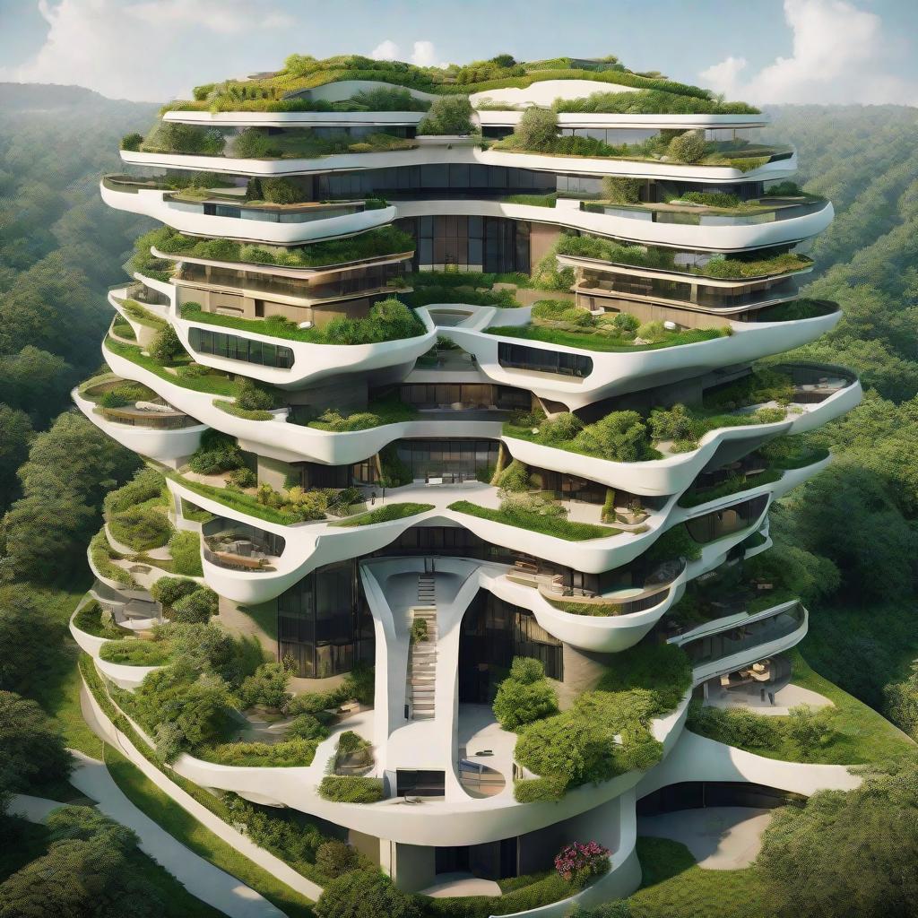  masterpiece, best quality,A view from a large, magnificent, futuristic apartment complex. The building is the shape of a pyramid with cascading levels and giant Balconies that overhang, interlaced with a green plant field path that spirals down the building and turns into a bridge,