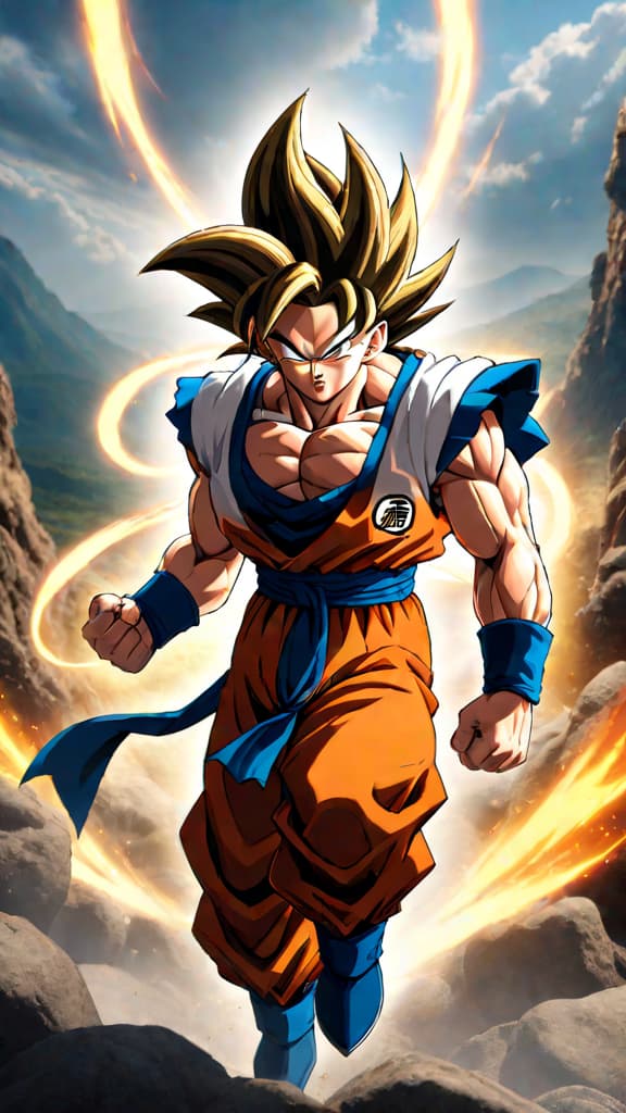  an anime image of gogeta showcasing incredible agility and raw power from "dragon ball" fusion. hyperrealistic, full body, detailed clothing, highly detailed, cinematic lighting, stunningly beautiful, intricate, sharp focus, f/1. 8, 85mm, (centered image composition), (professionally color graded), ((bright soft diffused light)), volumetric fog, trending on instagram, trending on tumblr, HDR 4K, 8K