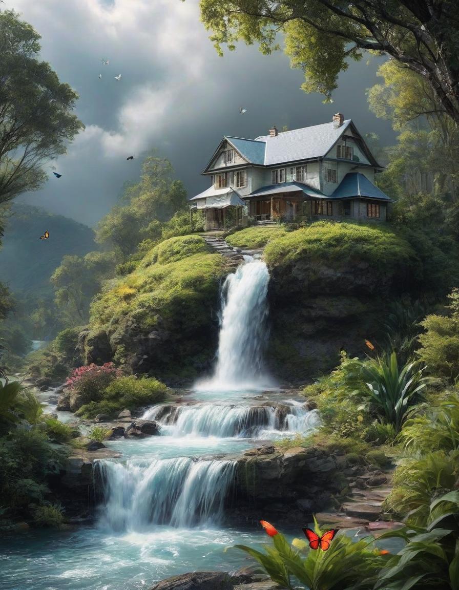  house tornado shaped miniature, waterfall, butterfly, gloss, aesthetic, hyperreal photo