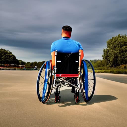  a guy in a wheelchair and has metal legs hyperrealistic, full body, detailed clothing, highly detailed, cinematic lighting, stunningly beautiful, intricate, sharp focus, f/1. 8, 85mm, (centered image composition), (professionally color graded), ((bright soft diffused light)), volumetric fog, trending on instagram, trending on tumblr, HDR 4K, 8K