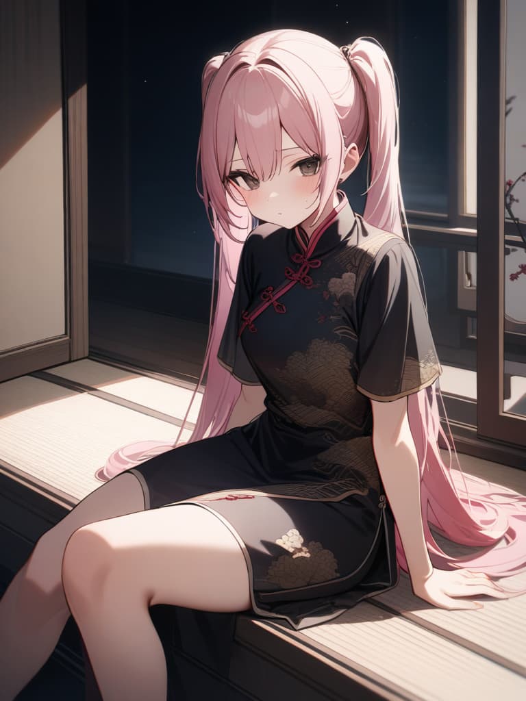  s, sick face, large s, small patterns, black, black eyes, dark rooms, lights in the windows, fantastic appearance, twin tails, pink hair, sitting , the whole body, chinese style ta clothes, masterpiece, best quality,8k,ultra detailed,high resolution,an extremely delicate and beautiful,hyper detail