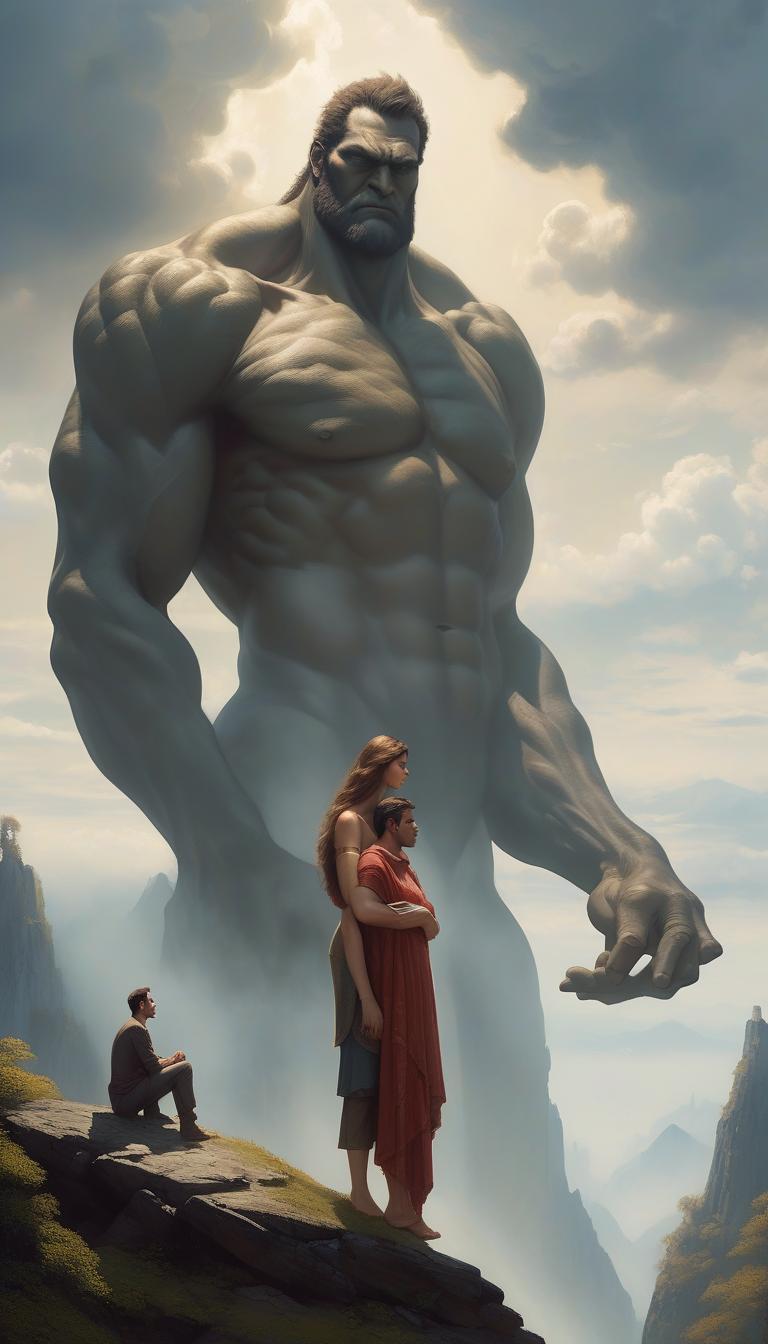  the giant and face woman look down at the man who is standing below, creating a sense of protection and confidence as she leans slightly to support him by the shoulder fantastic setting.