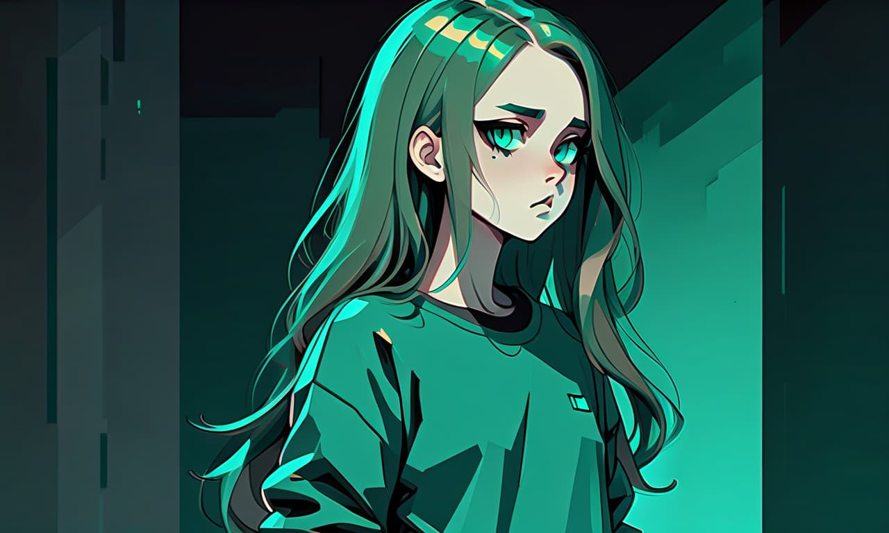  architectural style a girl in anime and pixel art style with long hair stands in the dark dressed in a dark green sweatshirt and pants. the girl looks into the darkness with black lower eyelids under the eyes of turquoise color full of fear of the unknown and curiosity. she's holding her hand in front of her. . clean lines, geometric shapes, minimalist, modern, architectural drawing, highly detailed