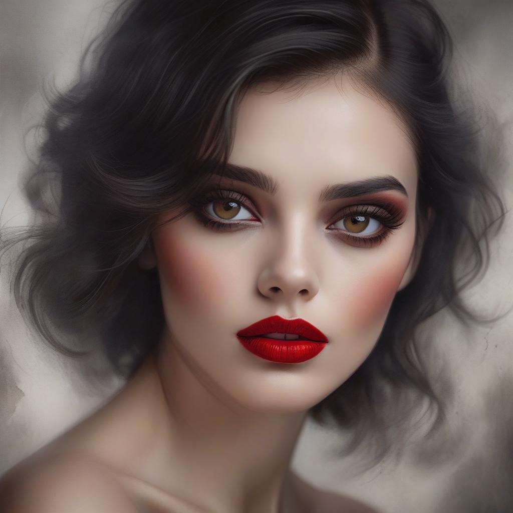  a portrait of a woman with voluminous dark hair, striking red lips, smoky eye makeup, and a painterly, smudged background. gorgeous model, smooth and realistic portrait, smooth and intricate, high definition, realistic, clear and detailed eyes, hi res, photorealistic, nikon z9, 85mm f1.2, dof, smooth and realistic