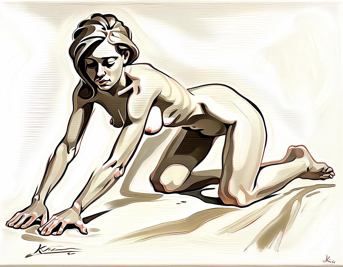  oil painted a naked woman kneeling, perfect hands