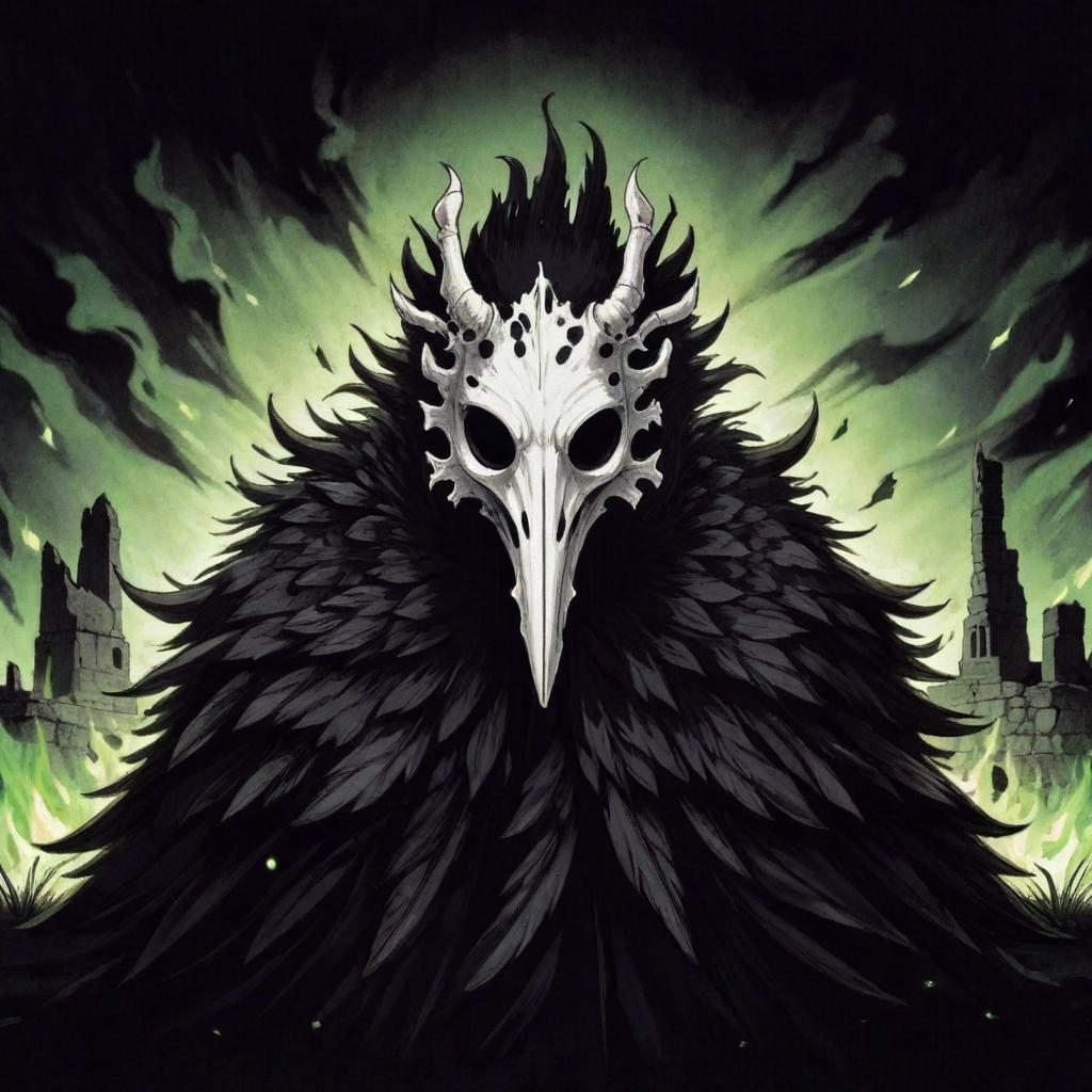  manga artwork dark creature with an animal white bone mask with round eyes and black feathers, the background has stone ruins and green flames. rpg anime style . manga artist. manga, highly emotional. best quality, high resolution