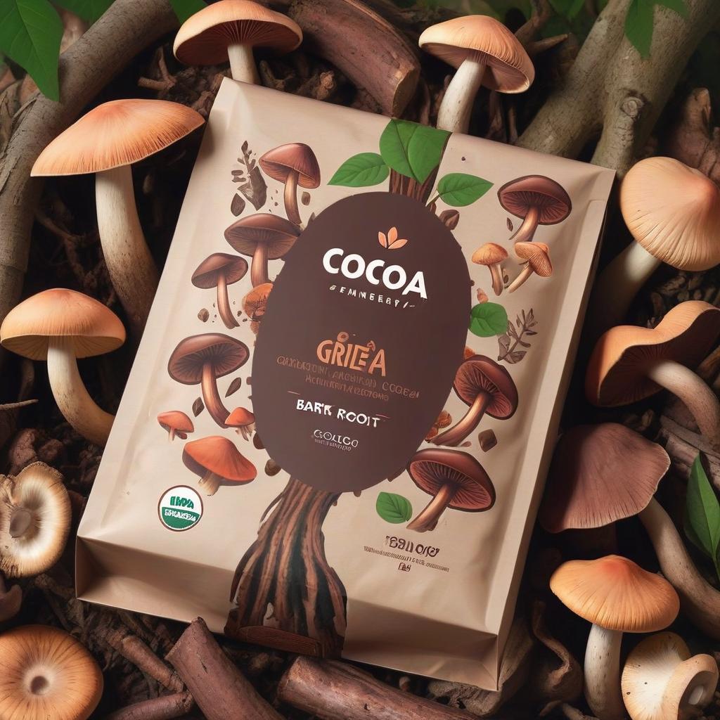  image of packaging of cocoa with mushrooms, plants, bark, roots. name of gribenergy, logo