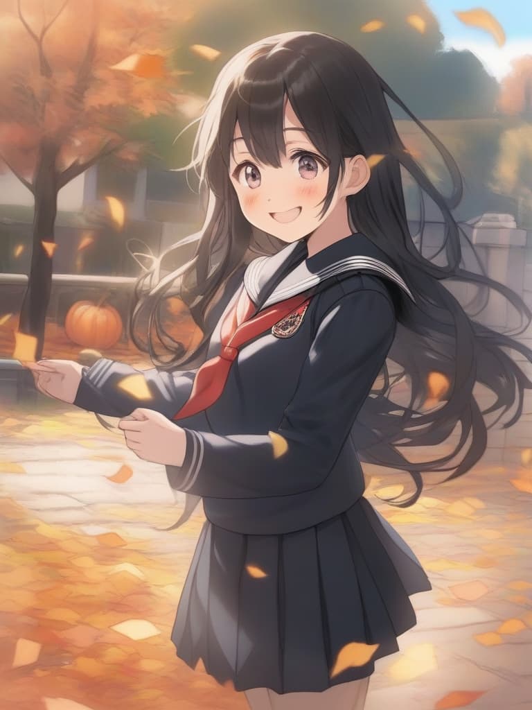  masterpiece,one high school girl,cute,beautiful,delicate black hair,long hair,happy smile,open one's mouth,(((wearing black sailor uniform))),flutter about in autumn,(((wave one's hand))),facefocus,school yard in background,super high quality,super sensitive,super resolution,16k