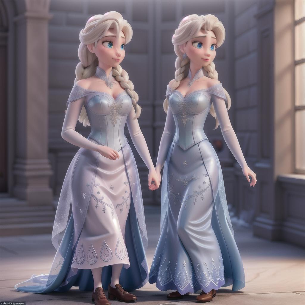  elsa and anna from frozen hyperrealistic, full body, detailed clothing, highly detailed, cinematic lighting, stunningly beautiful, intricate, sharp focus, f/1. 8, 85mm, (centered image composition), (professionally color graded), ((bright soft diffused light)), volumetric fog, trending on instagram, trending on tumblr, HDR 4K, 8K