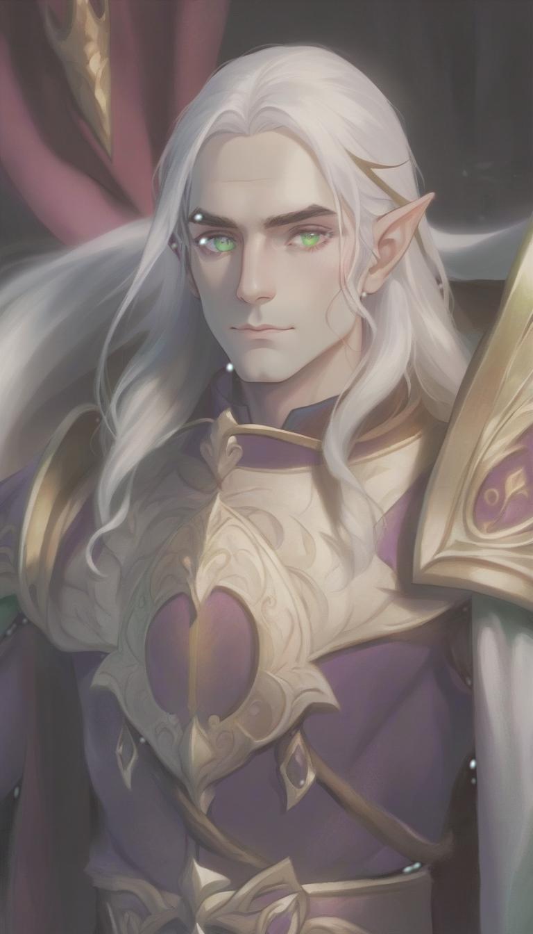  man, elf, long white hair, green eyes, purple clothes