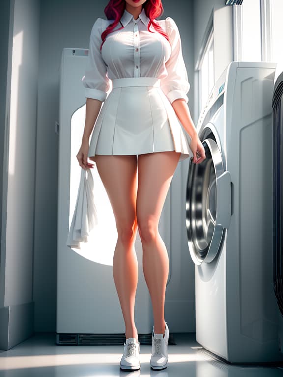 a full length young beautiful woman in a very short skirt is standing next to a washing machine, the background is white hyperrealistic, full body, detailed clothing, highly detailed, cinematic lighting, stunningly beautiful, intricate, sharp focus, f/1. 8, 85mm, (centered image composition), (professionally color graded), ((bright soft diffused light)), volumetric fog, trending on instagram, trending on tumblr, HDR 4K, 8K
