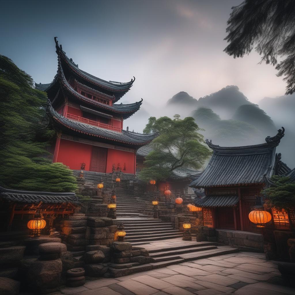  traditional chinese architecture hyperrealistic, full body, detailed clothing, highly detailed, cinematic lighting, stunningly beautiful, intricate, sharp focus, f/1. 8, 85mm, (centered image composition), (professionally color graded), ((bright soft diffused light)), volumetric fog, trending on instagram, trending on tumblr, HDR 4K, 8K