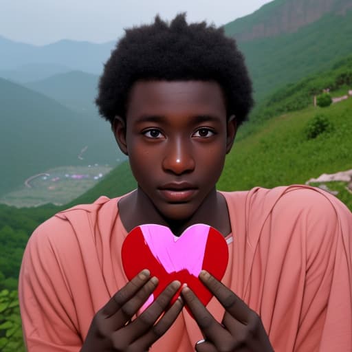  Fair Ghanaian boy holding a heart in his hands on a mountain