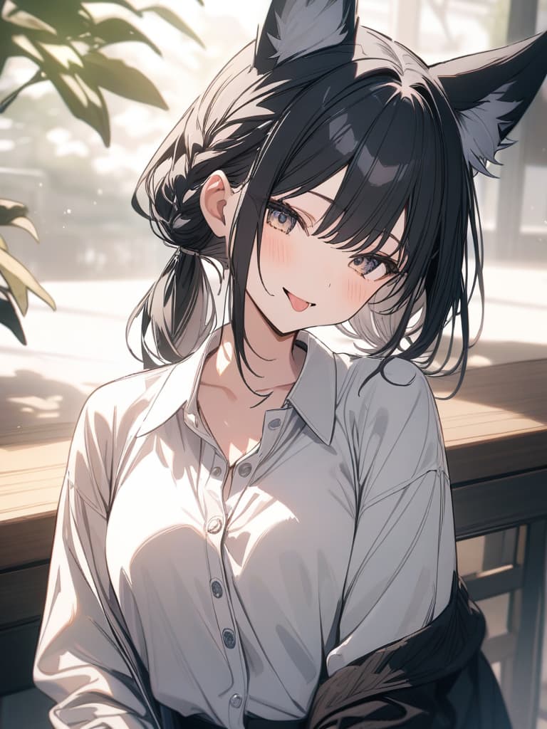  fox ears, smiles, hair tip blue, black hair, tongue pero, cute, virtual, short hair, braided ears, masterpiece, best quality,8k,ultra detailed,high resolution,an extremely delicate and beautiful,hyper detail