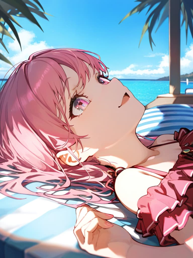  ultra detailed:1.2,masterpiece:1.2,best quality,masterpiece,bestquality,hdr:1.1,8k:1.1,very cute girl:1.3,(pink color,frill ,swimwear:1.6),(lying from side,at striped float bed on sea:1.8) ,smile:1.4 ,(blonde hair,twin tail,drill hair:1.3) ,(on the sea:1.7),upper body:1.3,dutch angel:1.5,open mouth,(upside down:1.7)(from above:1.1)((eyes highlight:1.1))