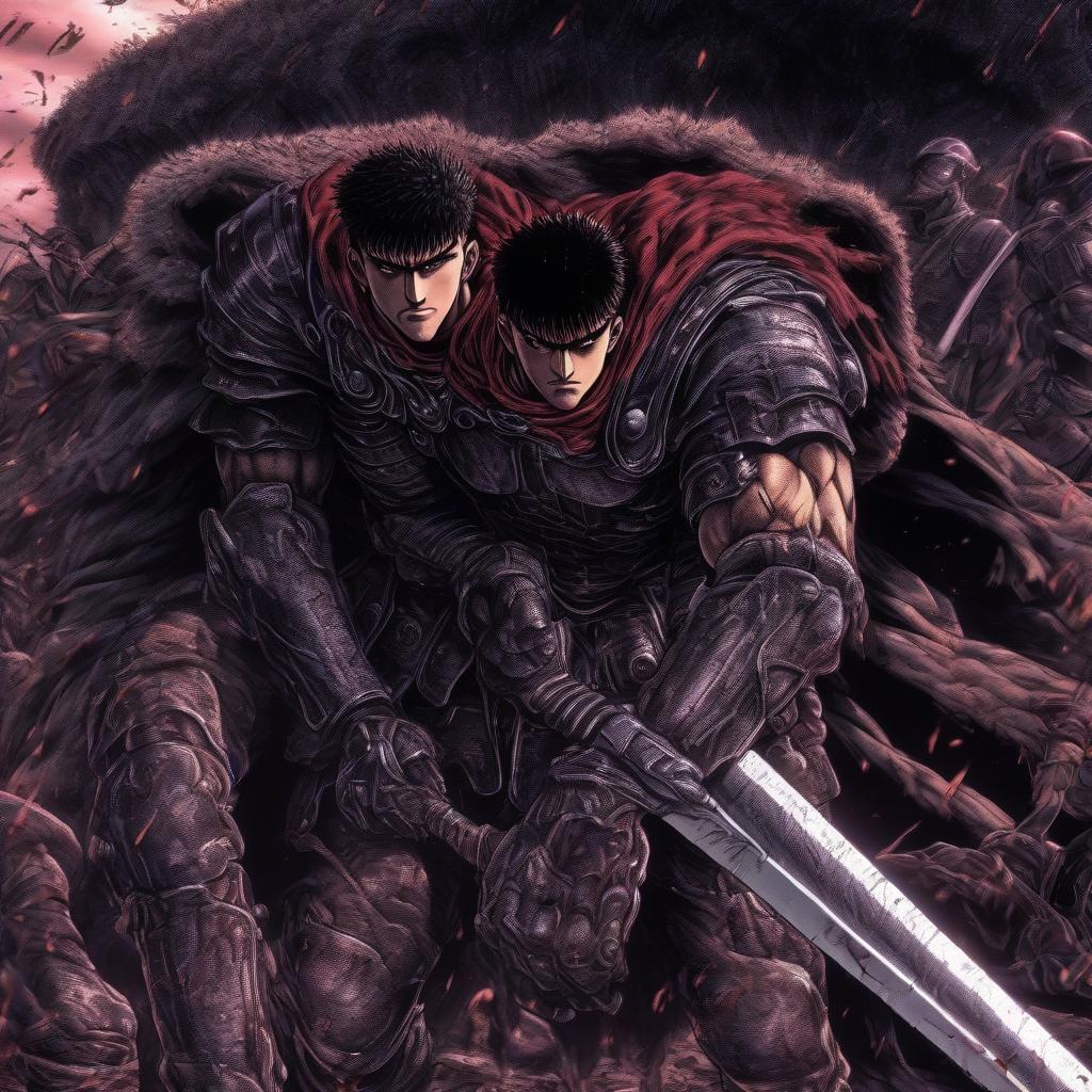  a character named guts from the anime berserk stands on the battlefield with soldiers. he has a metal prosthesis instead of his left hand, in his right hand he holds a large two meter sword placing it on his shoulder, his right eye is covered with a scar from a cut. anime realistic cyberpunk style with a detailed study of the face and body. resolution 1920 x 1080