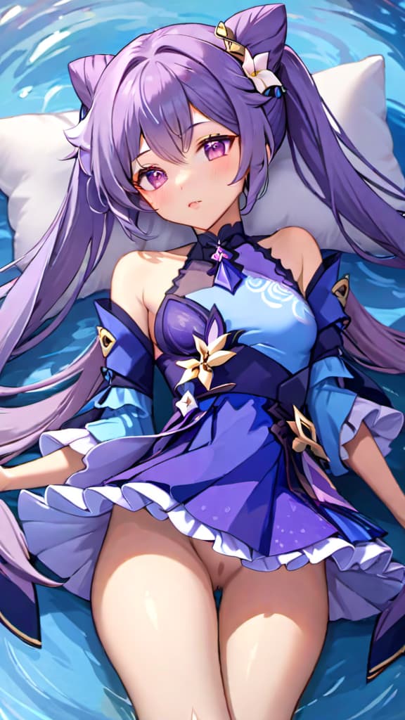  beautiful young , no older than , lying in , his small , full body uncovered. , keqing (genshin impact),purple eyes,purple hair,twintails, hair ornament,bare shoulders,dress,hair bun,detached sleeves,