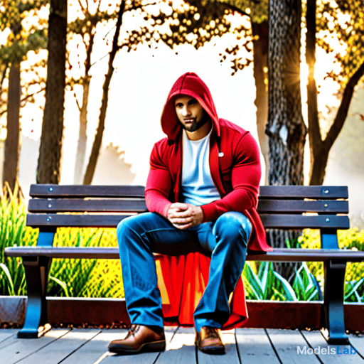  man sitting on bench hyperrealistic, full body, detailed clothing, highly detailed, cinematic lighting, stunningly beautiful, intricate, sharp focus, f/1. 8, 85mm, (centered image composition), (professionally color graded), ((bright soft diffused light)), volumetric fog, trending on instagram, trending on tumblr, HDR 4K, 8K