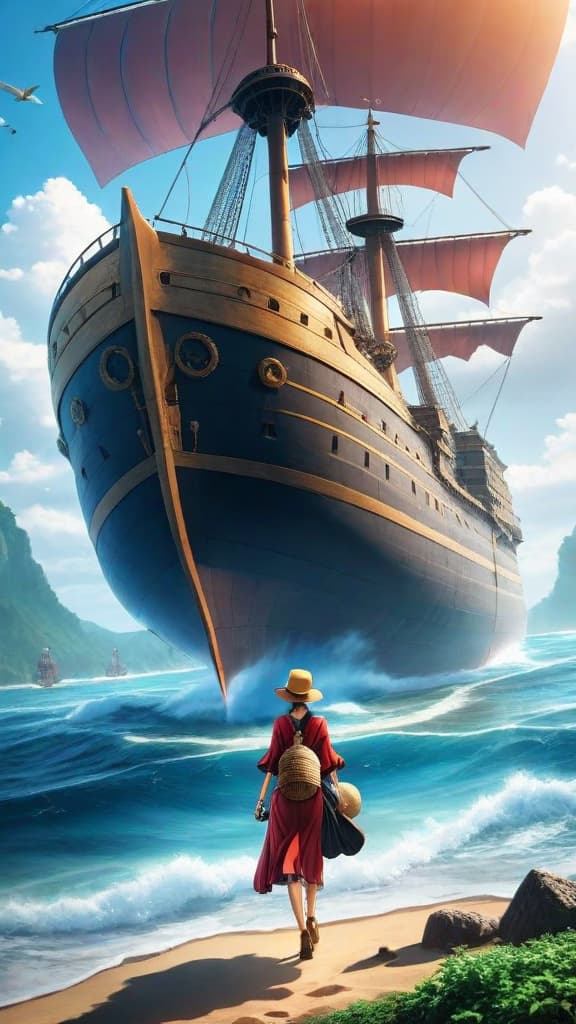  an anime art depicting the mysterious and powerful pluton ship from one piece "only time will tell!" hyperrealistic, full body, detailed clothing, highly detailed, cinematic lighting, stunningly beautiful, intricate, sharp focus, f/1. 8, 85mm, (centered image composition), (professionally color graded), ((bright soft diffused light)), volumetric fog, trending on instagram, trending on tumblr, HDR 4K, 8K