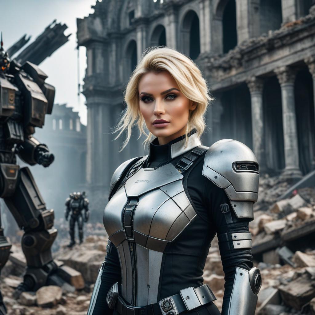  a cinematic, dystopian scene of a drop dead gorgeous blond european woman in a gothic outfit, standing amidst the ruins of a collapsed city with gigantic mech suits in the background. use a sony a9ii and a 70 200mm f/2.8 g master lens. affix 'astravision.ai' mark at the bottom right corner. hyperrealistic, full body, detailed clothing, highly detailed, cinematic lighting, stunningly beautiful, intricate, sharp focus, f/1. 8, 85mm, (centered image composition), (professionally color graded), ((bright soft diffused light)), volumetric fog, trending on instagram, trending on tumblr, HDR 4K, 8K