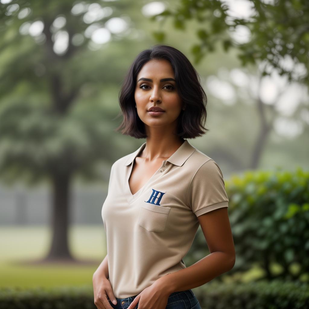  (((realistic full torso frontal head shot of a light brown to medium brown skin tone woman))), esha vidya singh, ((indian heritage)), immature face, blue eye color, ((short hair style)), ((black hair color)), ((skinny body type)), medium size, big size, (immature small upturned nose), (immature prominent cheekbones), (immature smooth jawline), (immature full lips), (immature medium forehead), (immature even eyebrows), (immature rounded chin), standing straight looking directly into the camera,((wearing fitted polo shirt with deep v neck and monogrammed pocket)), backyard in background, 1girl, best quality, highest quality, award winning photo, masterpiece, raw, professional photography, photorealism, sharp focus, cinematic, hyperrealistic, full body, detailed clothing, highly detailed, cinematic lighting, stunningly beautiful, intricate, sharp focus, f/1. 8, 85mm, (centered image composition), (professionally color graded), ((bright soft diffused light)), volumetric fog, trending on instagram, trending on tumblr, HDR 4K, 8K