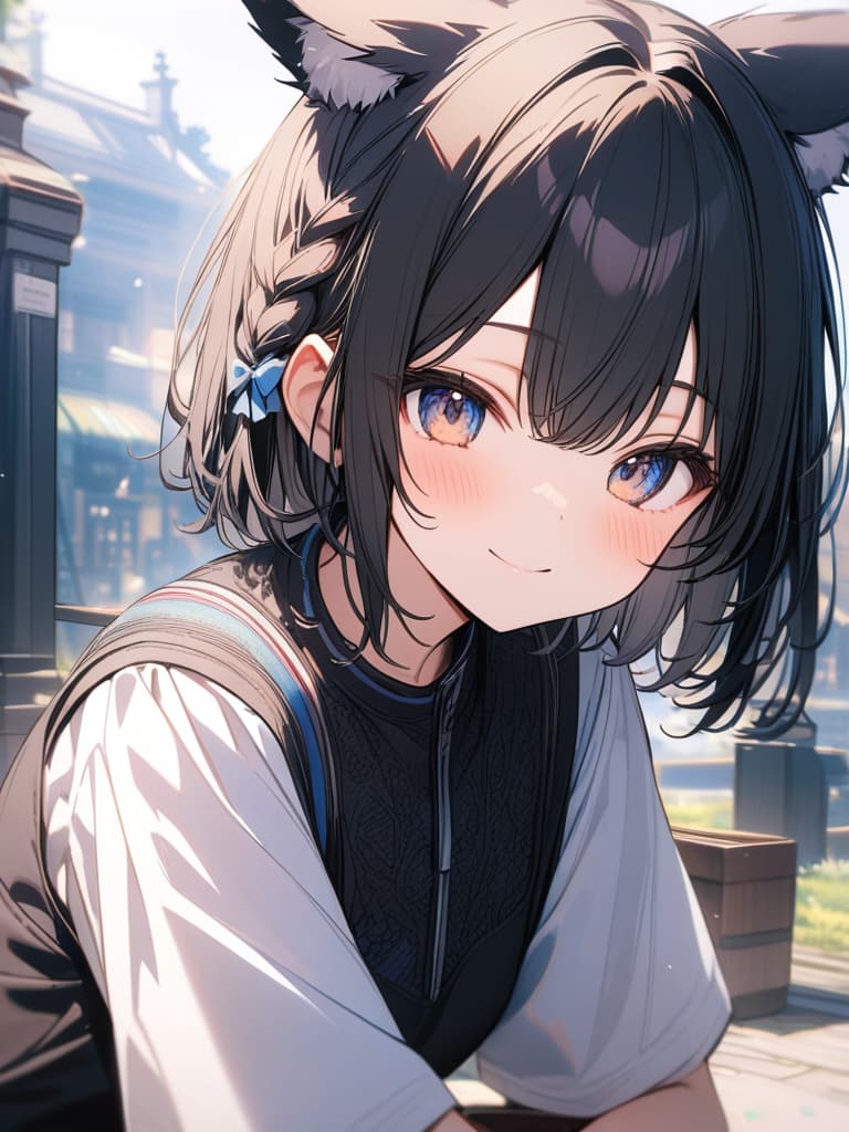  fox ears, smiles, hair tip blue, black hair, cute, virtual, short hair, braided ears, the cutest in the world, short hair, masterpiece, best quality,8k,ultra detailed,high resolution,an extremely delicate and beautiful,hyper detail