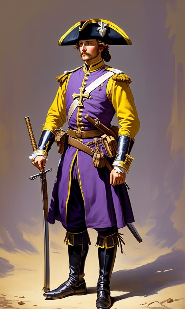  renaissance style an ancient portrait of a military musketeer from the 1880s. a purple uniform with yellow elements, a yellow german cross on the chest and a musket of a sample of 19 waka that hangs from behind on the back. style: oil drawing of the 19th century, close up portrait to the chest. . realistic, perspective, light and shadow, religious or mythological themes, highly detailed