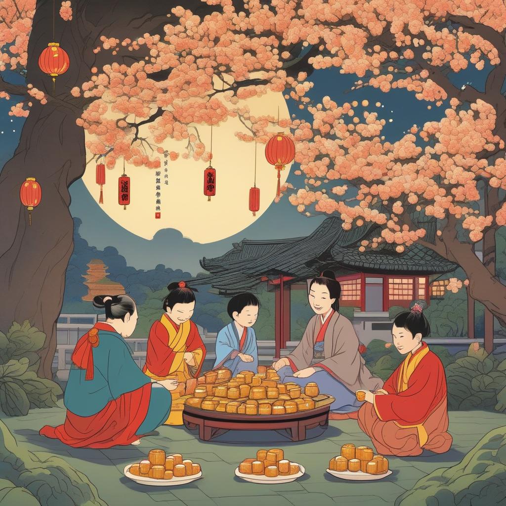  Masterpiece, best quality, generates a beautiful Mid-Autumn Festival scene. The moon is round and bright, casting silver light, and the sky is dotted with soft clouds. In the foreground, a family is sitting around a table in the courtyard. The table is filled with rich moon cakes, fresh fruits, and tea. The children are happily eating moon cakes, their faces filled with happy smiles, and the elders are talking kindly. In the surrounding gardens, osmanthus trees are in full bloom, exuding a faint fragrance, as if adding a poetic touch to the festival. Lanterns hang high, reflecting the warm and reunion atmosphere, and several Kong Lanterns rise slowly in the night sky, symbolizing people's good wishes.