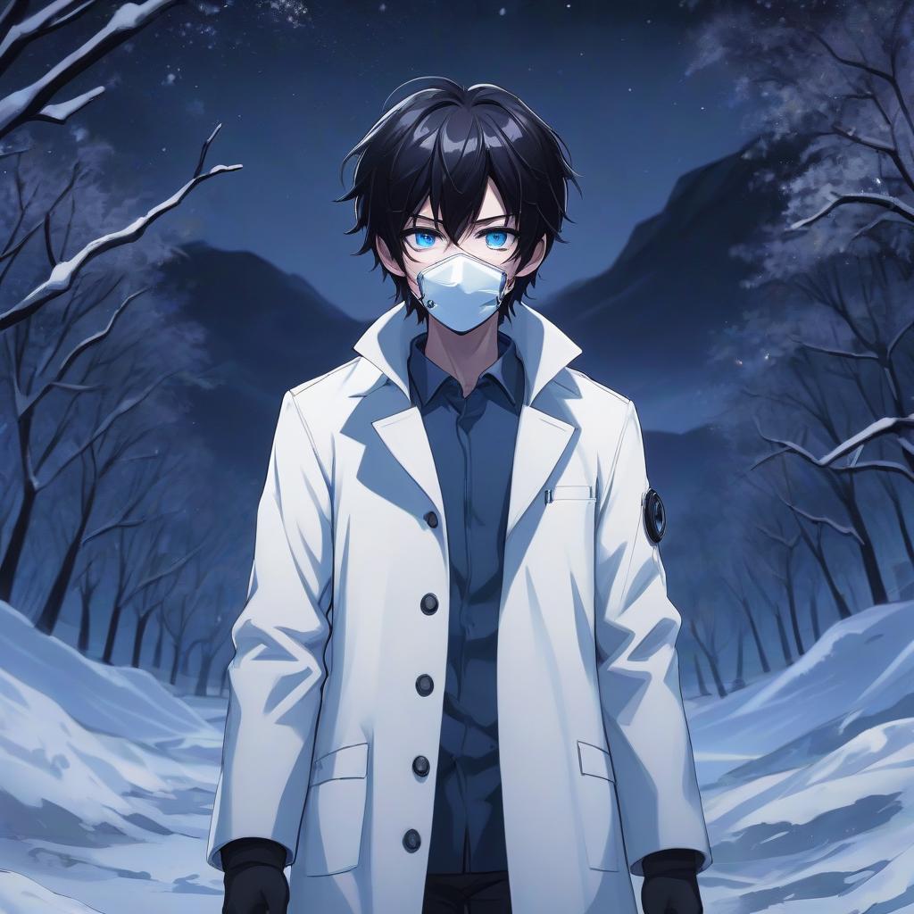  anime artwork a snowy field, a man in a white coat, black hair, blue eyes, a respirator, a night shrouded in darkness . anime style, key visual, vibrant, studio anime, highly detailed