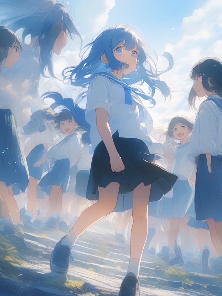  white shirts, blue haired shorts, black skirts, blue eyes, girls, above the blue sky, small white corners, girls crying alone, shortcut, masterpiece, best quality,8k,ultra detailed,high resolution,an extremely delicate and beautiful,hyper detail